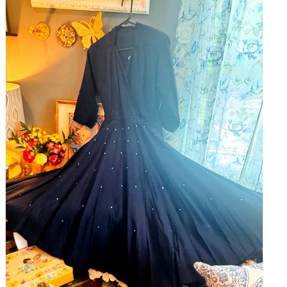 ✨ Vintage Town & Country Club Dresses 1950s Navy Rhinestone Full Sweep Dress ✨